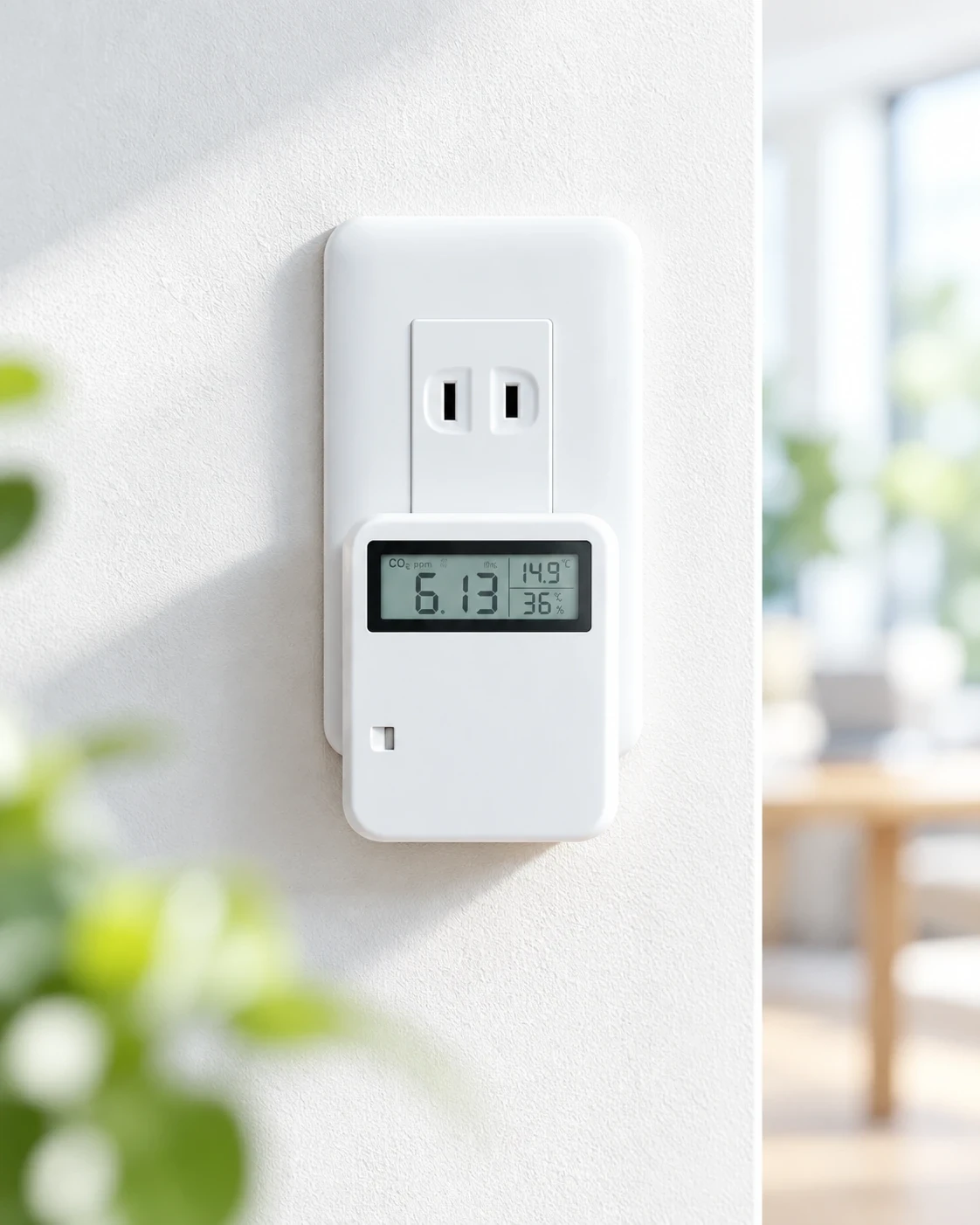 白い壁に設置されたCO₂センサーのイメージ